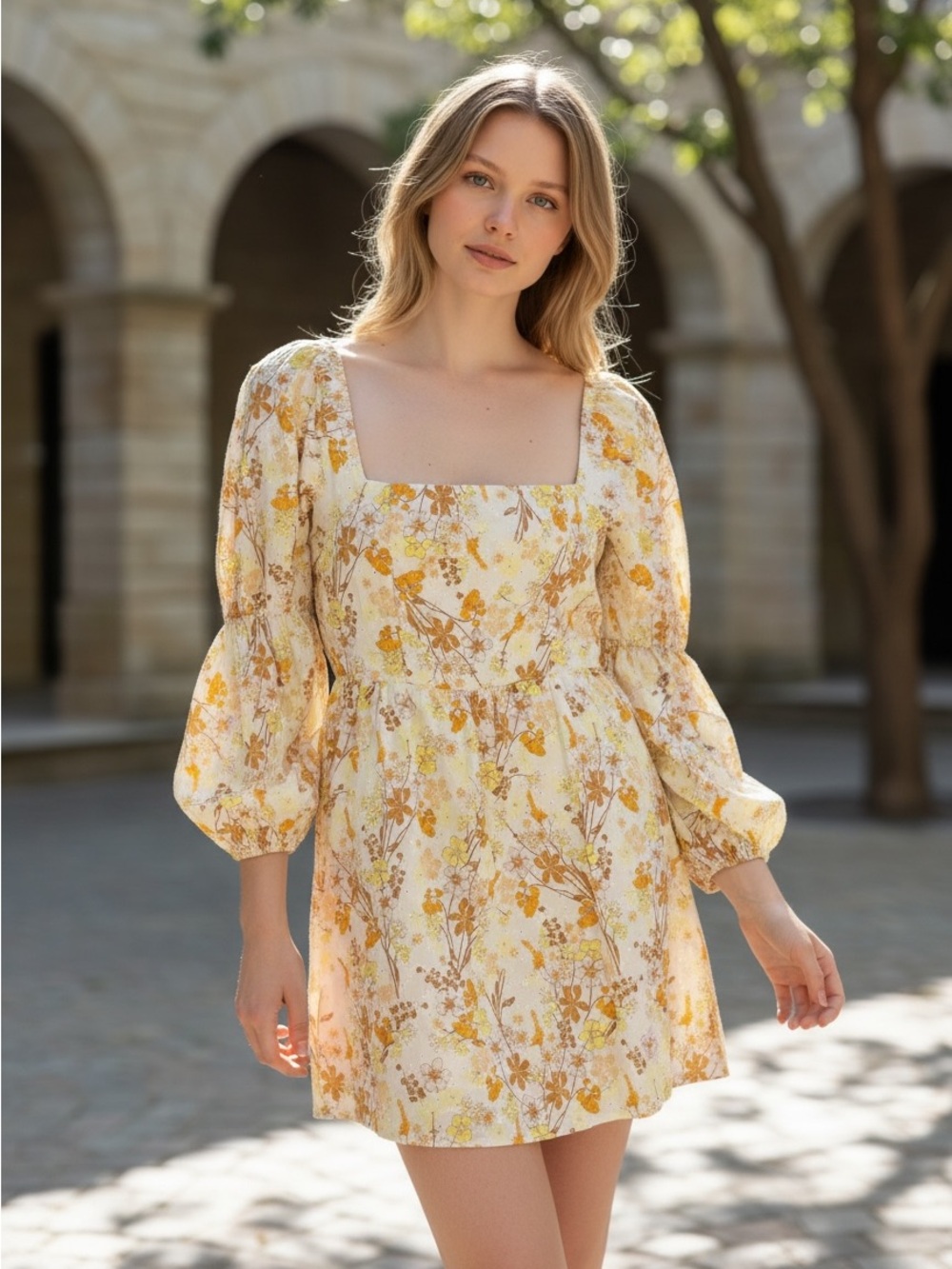 Forever 21 Yellow Floral Square-Neck Mini Dress